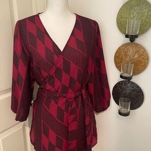 Manaola Red and Black Geometric Wrap Top